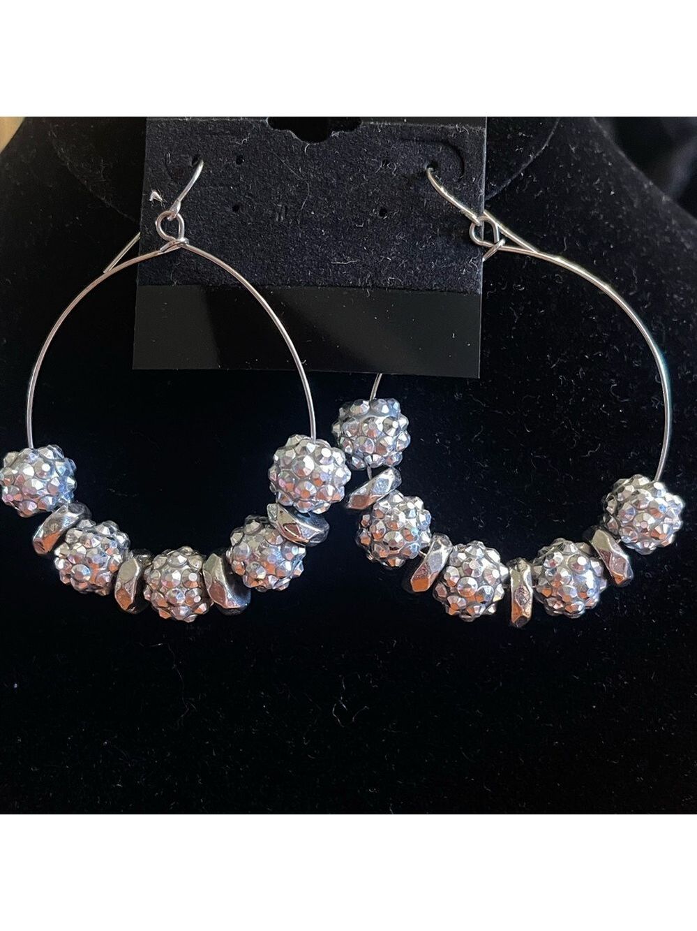 Silver Rhinestone Hoop Earrings Sparkle Beaded Y2K Glam Festival Jewelry (3/25)